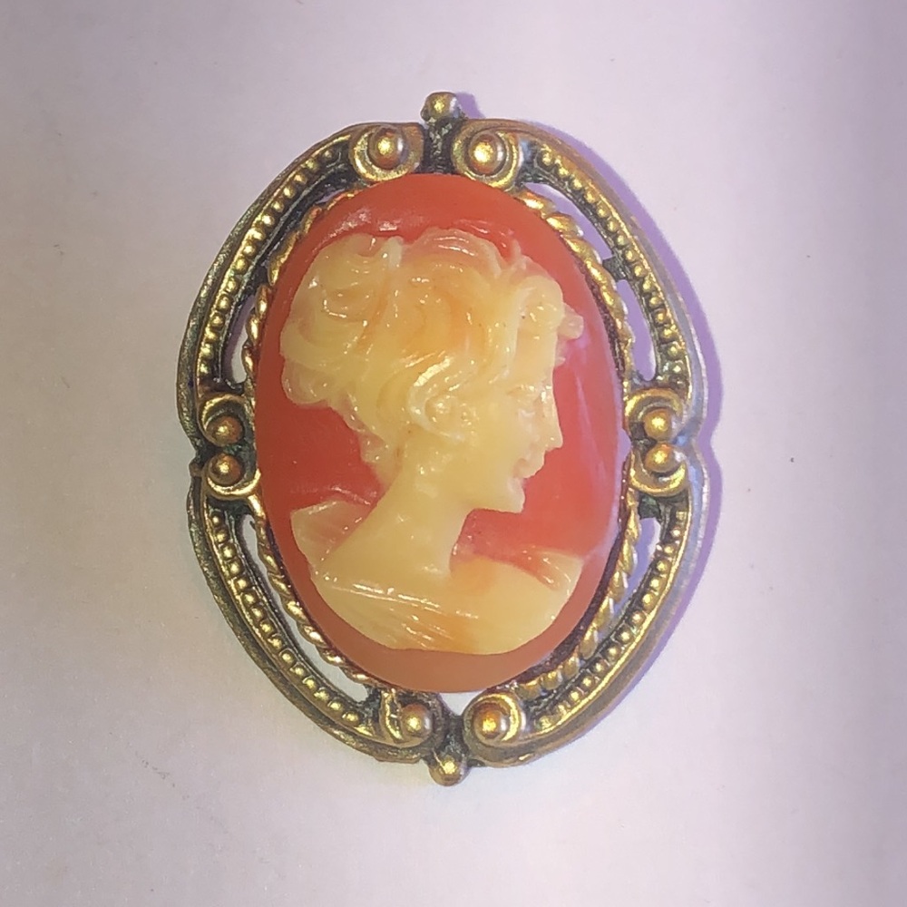 Classic Vintage Coral Color Cameo Brooch
